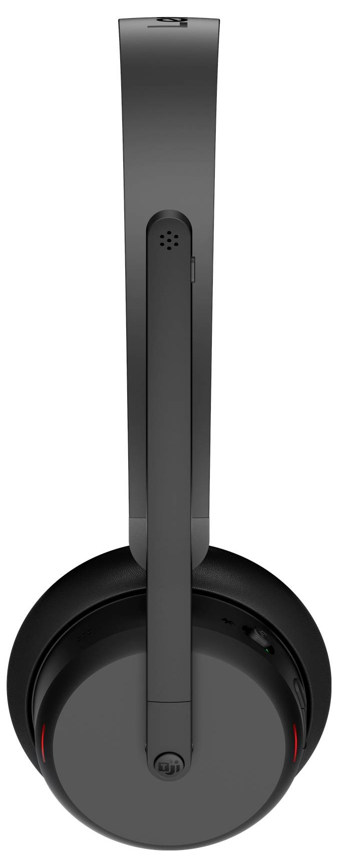 Schwarze Over-Ear-Kopfhörer von der Seite betrachtet, mit elegantem, modernem Design, glatter Kopfbügel und sichtbaren Bedienungselementen auf der Ohrmuschel.