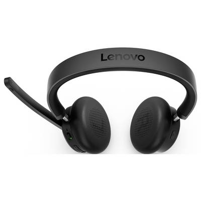Schwarze Lenovo-Over-Ear-Kopfhörer mit Mikrofonausleger, ausgestattet mit gepolsterten Ohrmuscheln und einem verstellbaren Kopfbügel.