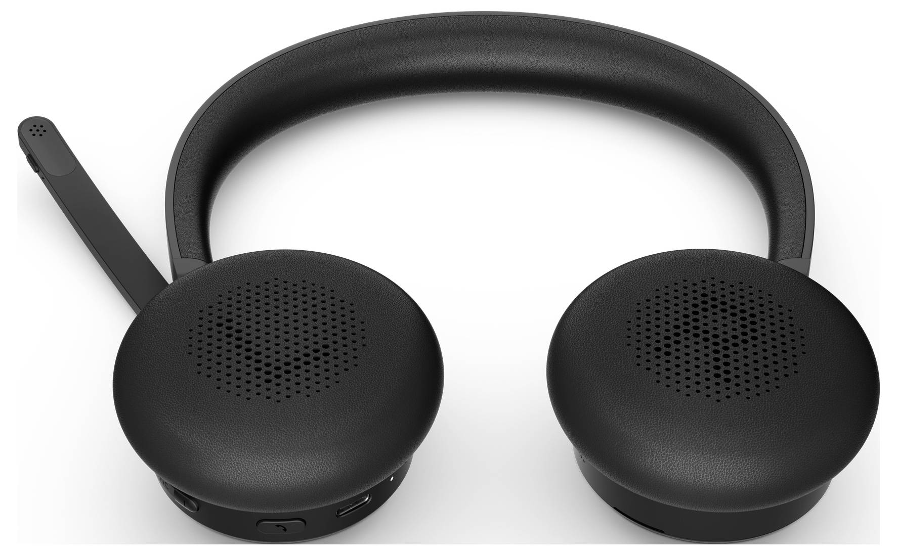 Schwarze kabellose Over-Ear-Kopfhörer mit gepolstertem Kopfband und eingebautem Mikrofon auf verstellbarem Arm, entworfen für komfortable Verwendung.