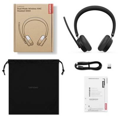 Lenovo Dual-Mode Wireless ANC-Kopfhörer S650 mit USB-Dongle, Ladekabel, Benutzerhandbuch und Transporttasche. Kopfhörer separat abgebildet.