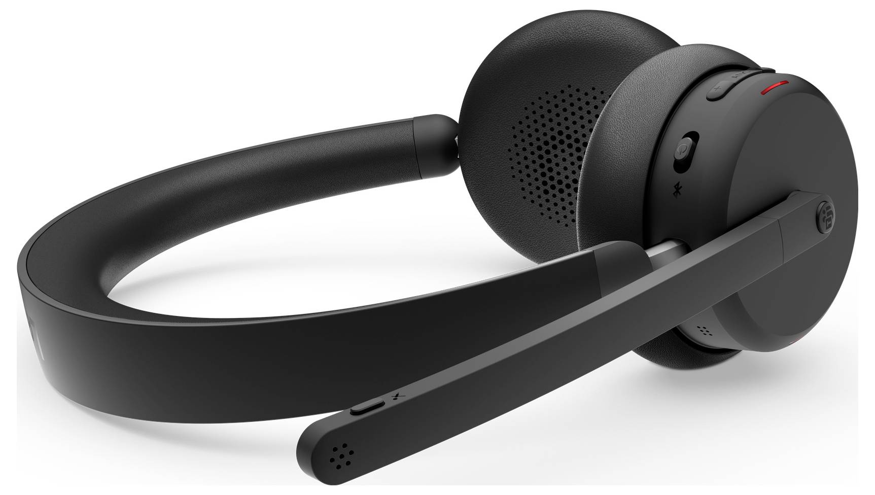 Schwarzes kabelloses Headset mit Mikrofon-Schwinge, mit elegantem Design und verstellbaren Over-Ear-Polstern, geeignet für Anrufe und Musik.