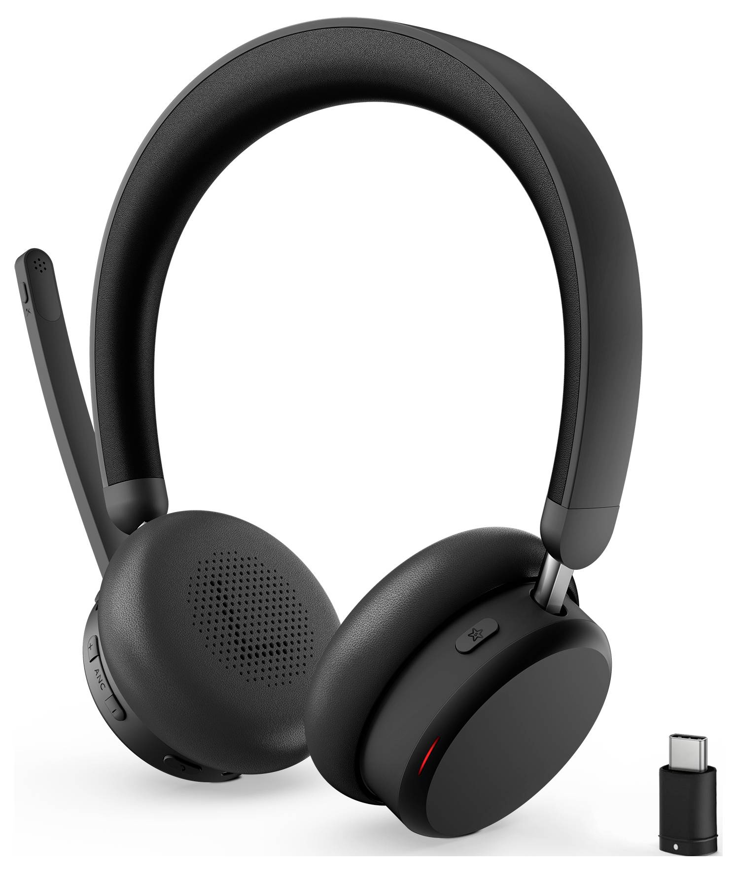 Kabellose schwarze Over-Ear-Kopfhörer mit angebrachtem Mikrofon und separat gezeigtem abnehmbarem USB-C-Adapter.