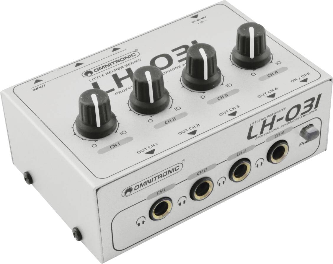 Ein kompaktes Audiogerät mit vier Bedienungsreglern zur Einstellung von Lautstärke oder Soundeinstellungen, mit mehreren Ein- und Ausgängen an der Vorderseite.