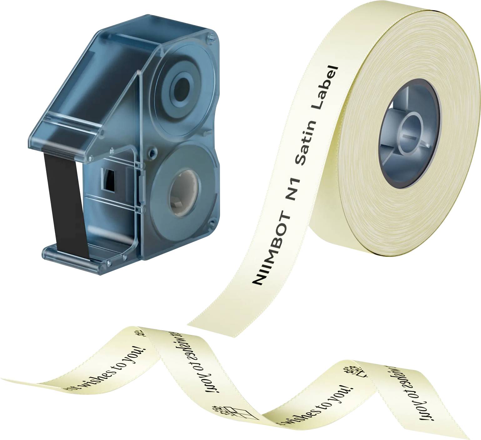 Blauetikettendrucker mit einer Rolle aus cremefarbenen Satineti­ketten, die herausgeführt werden, bedruckt mit Text wie „NIIMBOT N1 Satinetikett" und „Danke an dich!"