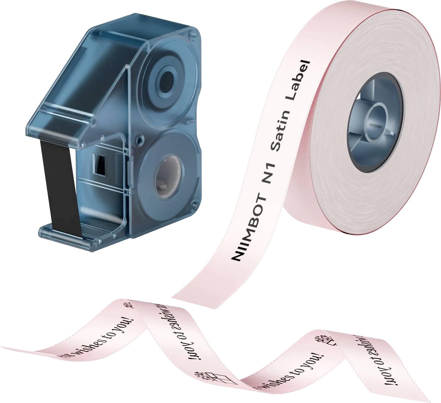 Etikettenband-Kartusche mit rosa Satinband-Etikettenfütterung bedruckt mit Text aus einem blauen Etikettendrucker