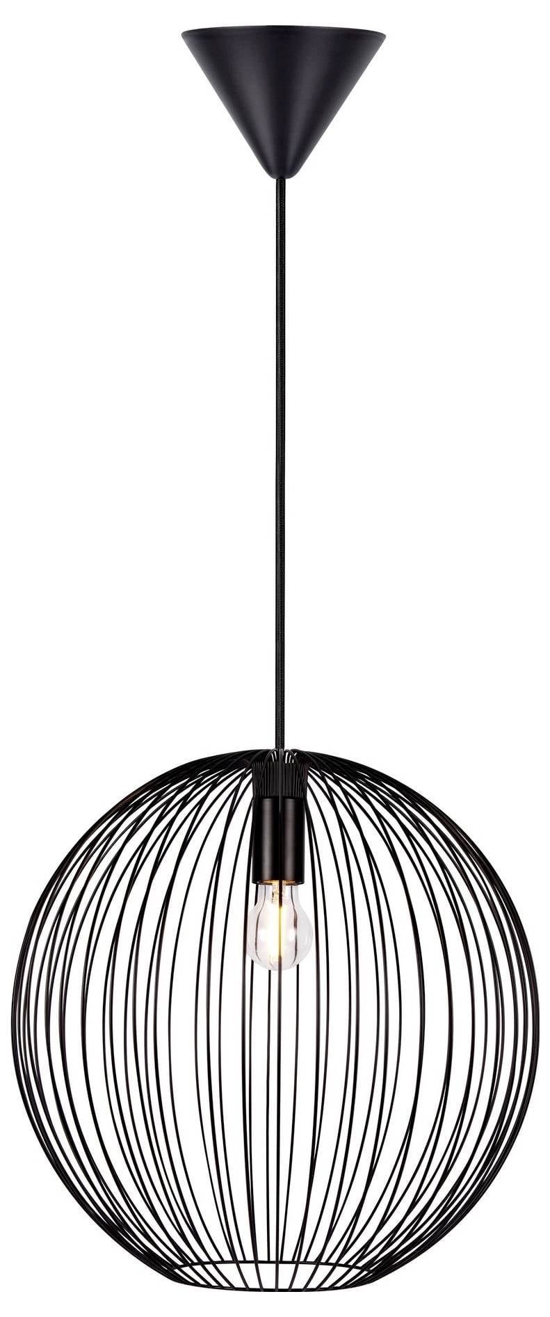 Eine moderne schwarze Draht-Pendelleuchte mit sichtbarem Glühbirne, die von einer Decke hängend befestigt ist.