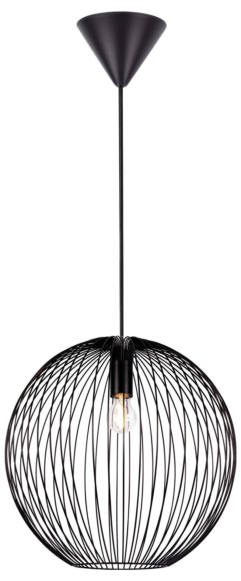 Eine schwarze Metallpendelleuchte mit einer freiliegenden Glühbirne, die von der Decke hängend.