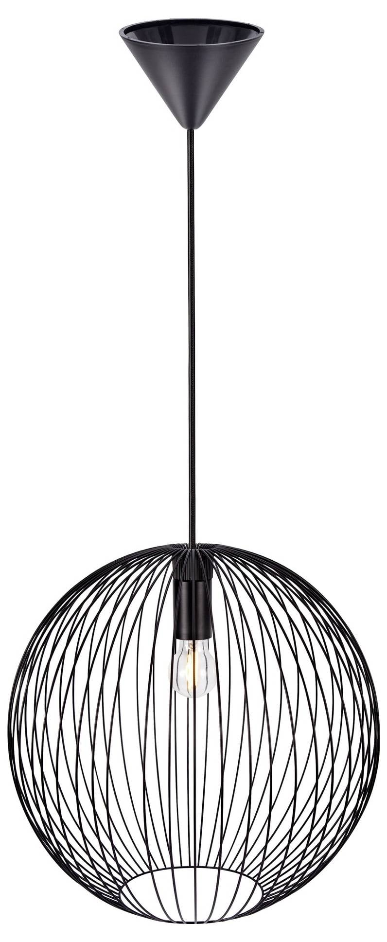 Eine schwarze Pendelleuchte mit Drahtrahmen und kugelförmigem Design, die von einer Deckenhalterung hängt und eine einzelne freigelegte Glühbirne im Inneren aufweist.