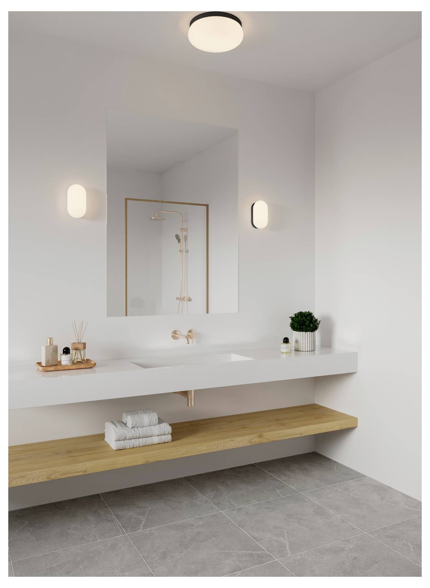 Ein modernes Badezimmer mit weißem Waschbecken, hölzernem Regal und Spiegel. Beinhaltet minimale Dekoration und sanfte Beleuchtung.