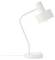 Eine schlanke, moderne weiße Schreibtischlampe mit verstellbarem Arm und zylindrischem Schirm auf einer kreisförmigen Basis, positioniert auf einer ebenen Fläche.