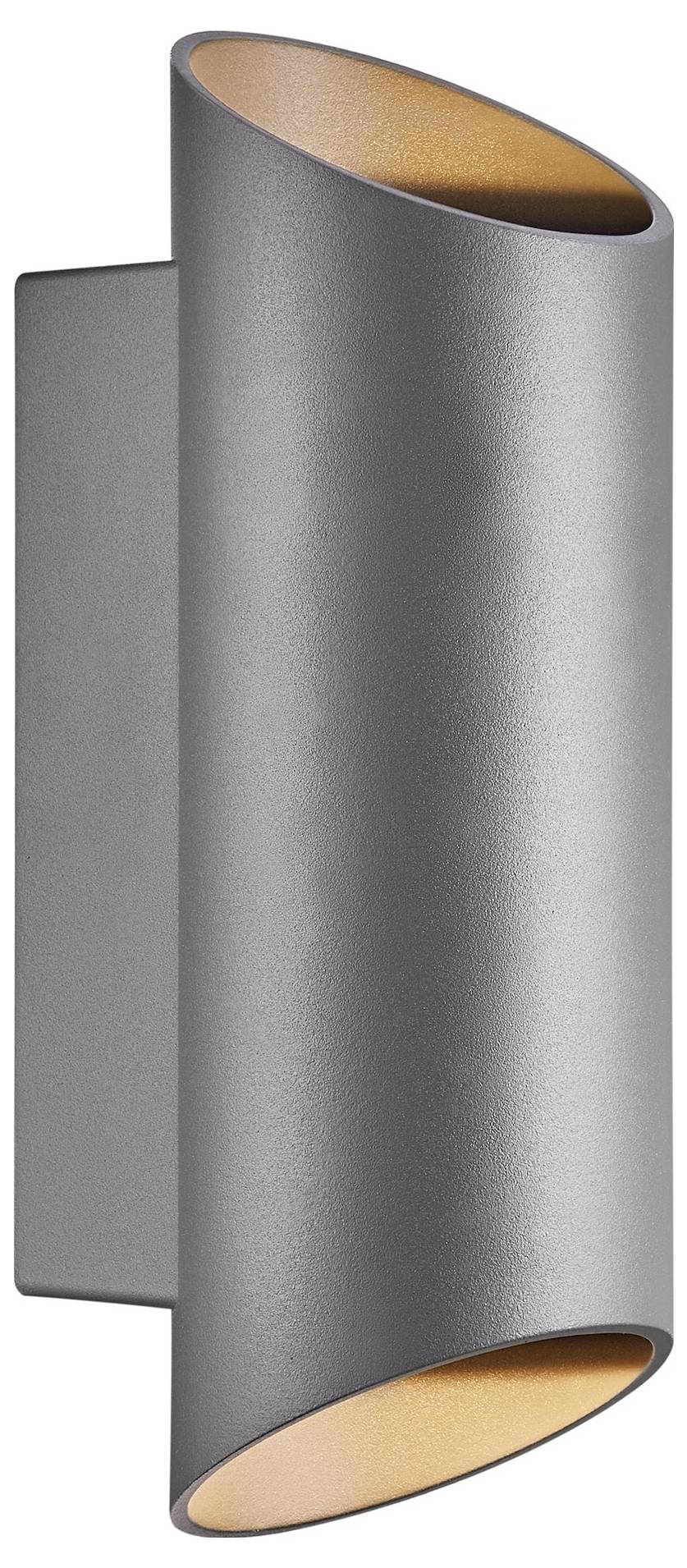 Eine moderne Wandleuchte mit mattgrauem Finish, mit einem eleganten zylindrischen Design, das Licht von oben und unten ausstrahlt.