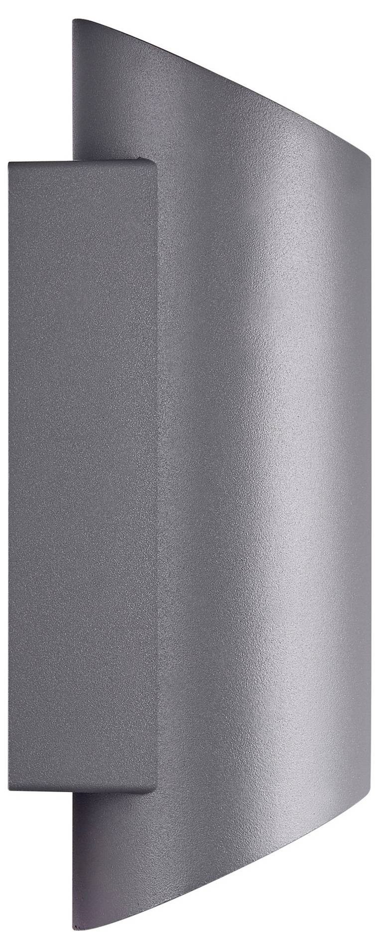 Eine moderne, elegante, gekrümmte Wandleuchte mit minimalistischem Design, hauptsächlich in matter grauer Oberfläche.