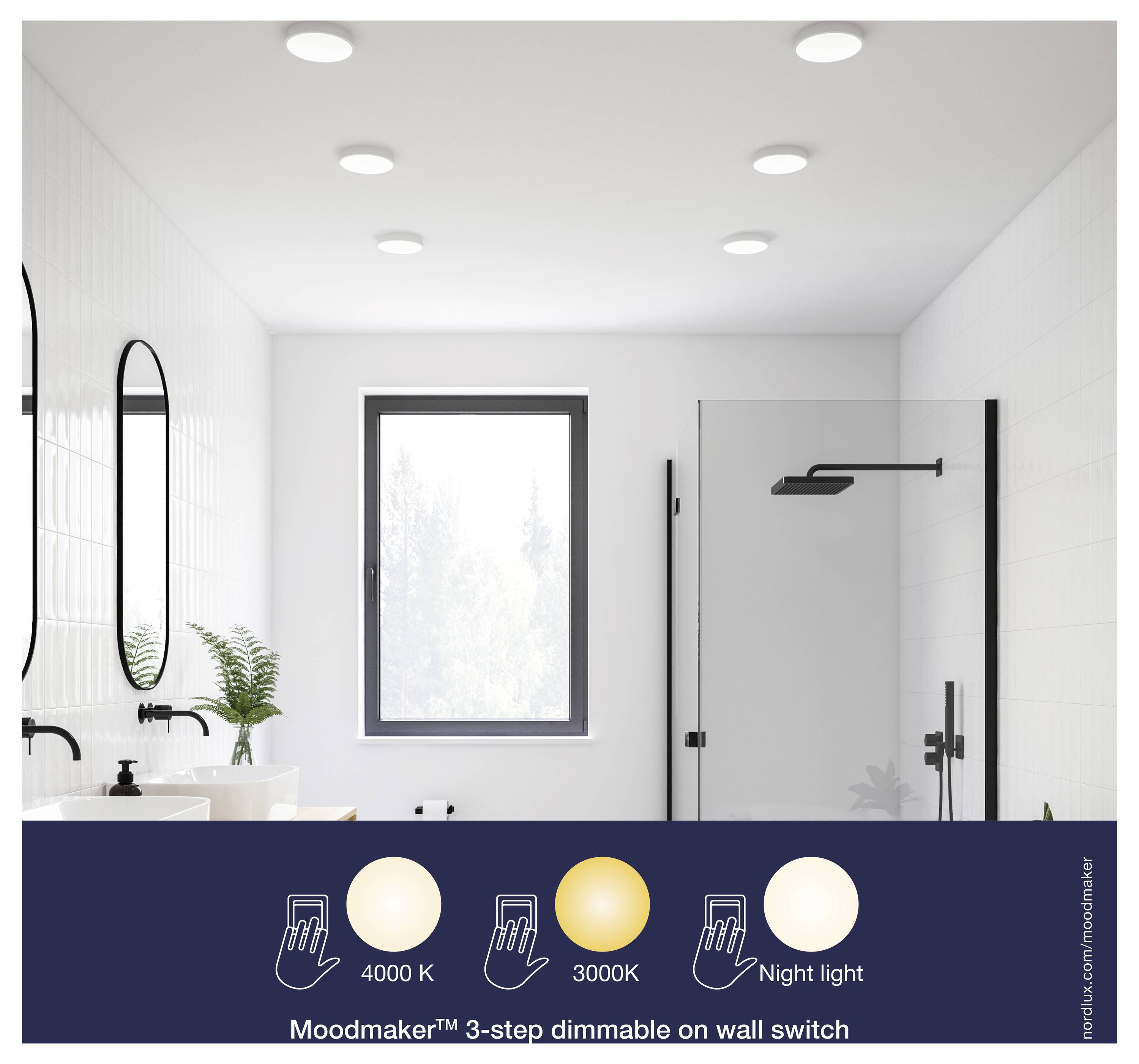 Ein modernes Badezimmer mit Spiegeln, einer Pflanze und einer Dusche. Eine Einschubgrafik zeigt „Moodmaker™ 3-stufig dimmbar am Wandschalter" mit Lichteinstellungen.