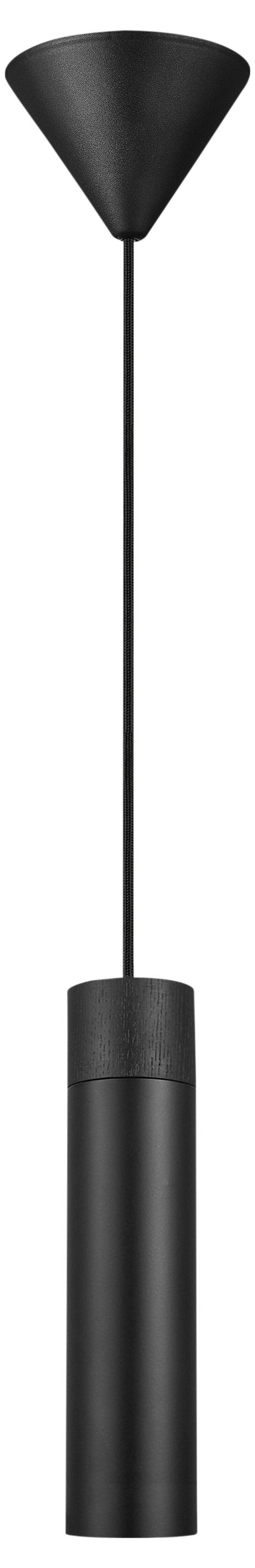 Schwarze zylindrische Pendelleuchte mit schlankem Kabel und konischer Deckenhalterung.