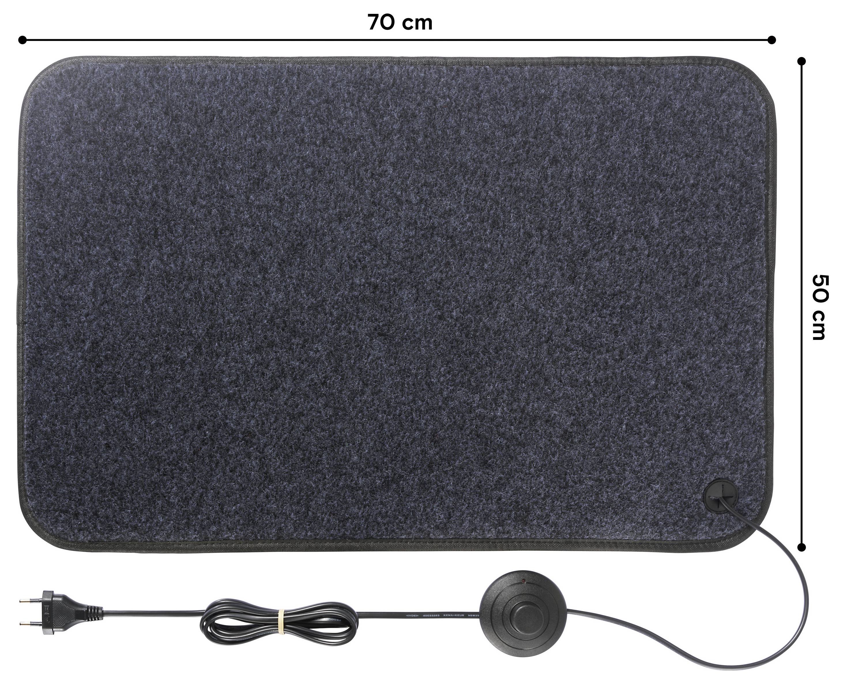 Elektrische Wärmematte, rechteckiges schwarzes Pad mit angeschlossenem Stromkabel und Kontrolldrehknopf; Abmessungen mit Beschriftung 70 cm × 50 cm.
