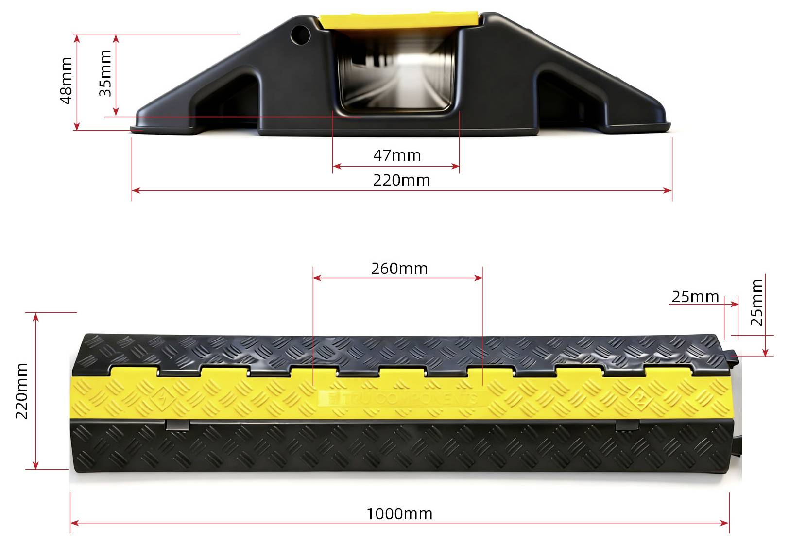 Maßstabszeichnung einer schwarz-gelben Gummikabelrampe: Seitenansicht oben und Draufsicht unten, mit 2200 mm Länge, 220 mm Breite, 48 mm Höhe und 25 mm Schnittdetails.