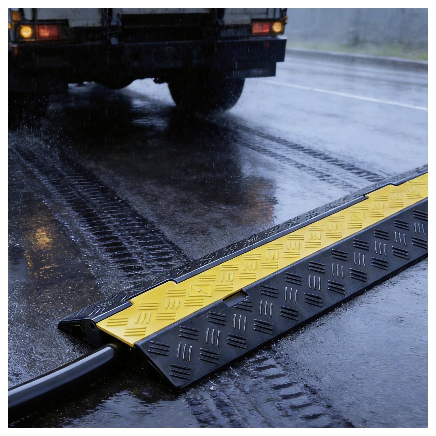 Ein Lastkraftwagen fährt über einen tragbaren Kabelschutz auf einer nassen Straße, mit einer gelb-schwarzen Rampe, die ein Kabel über dem Belag bedeckt.