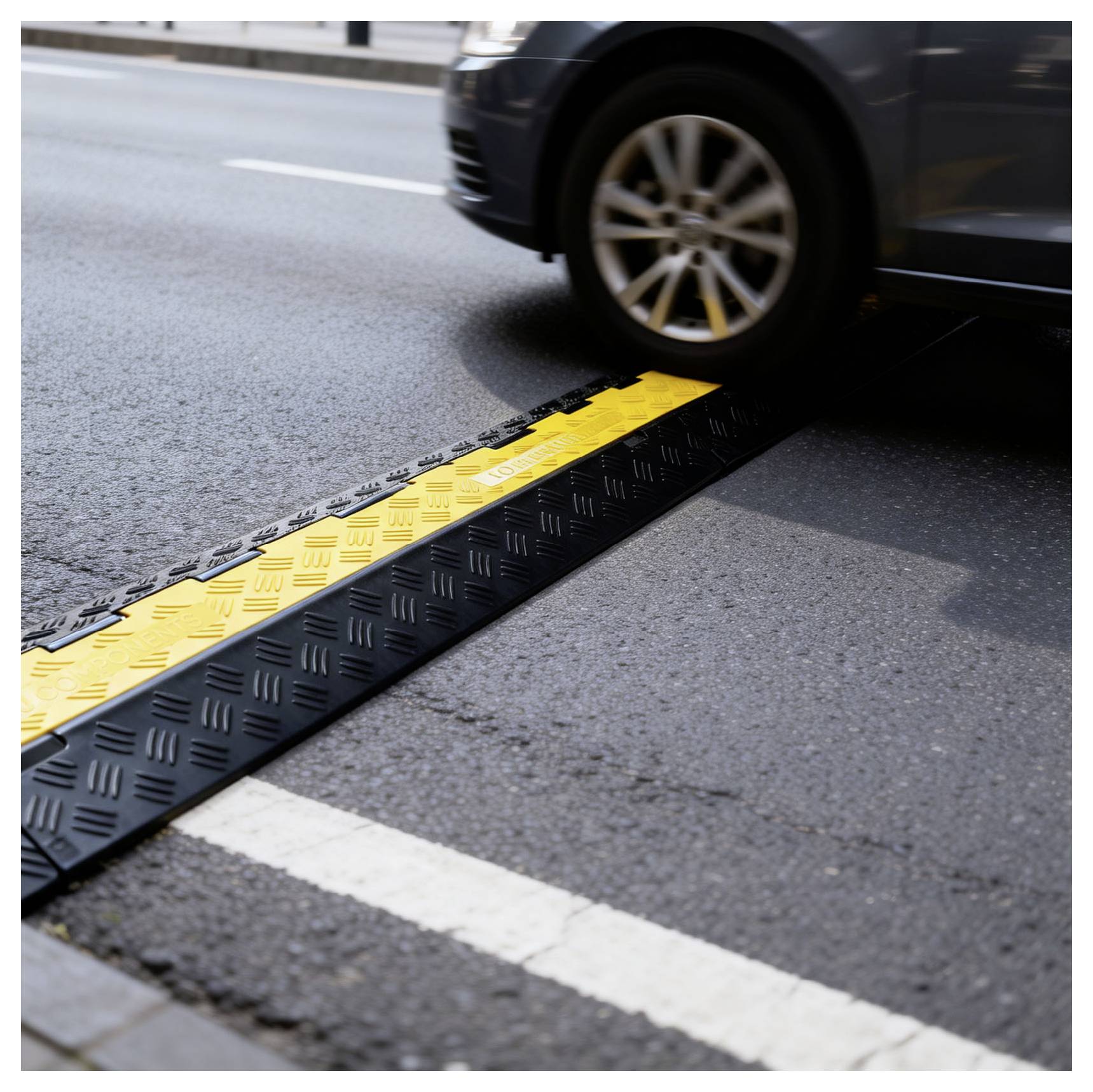 Autoreifen fährt über eine gelb-schwarze Bodenschwelle auf einer nassen Straße