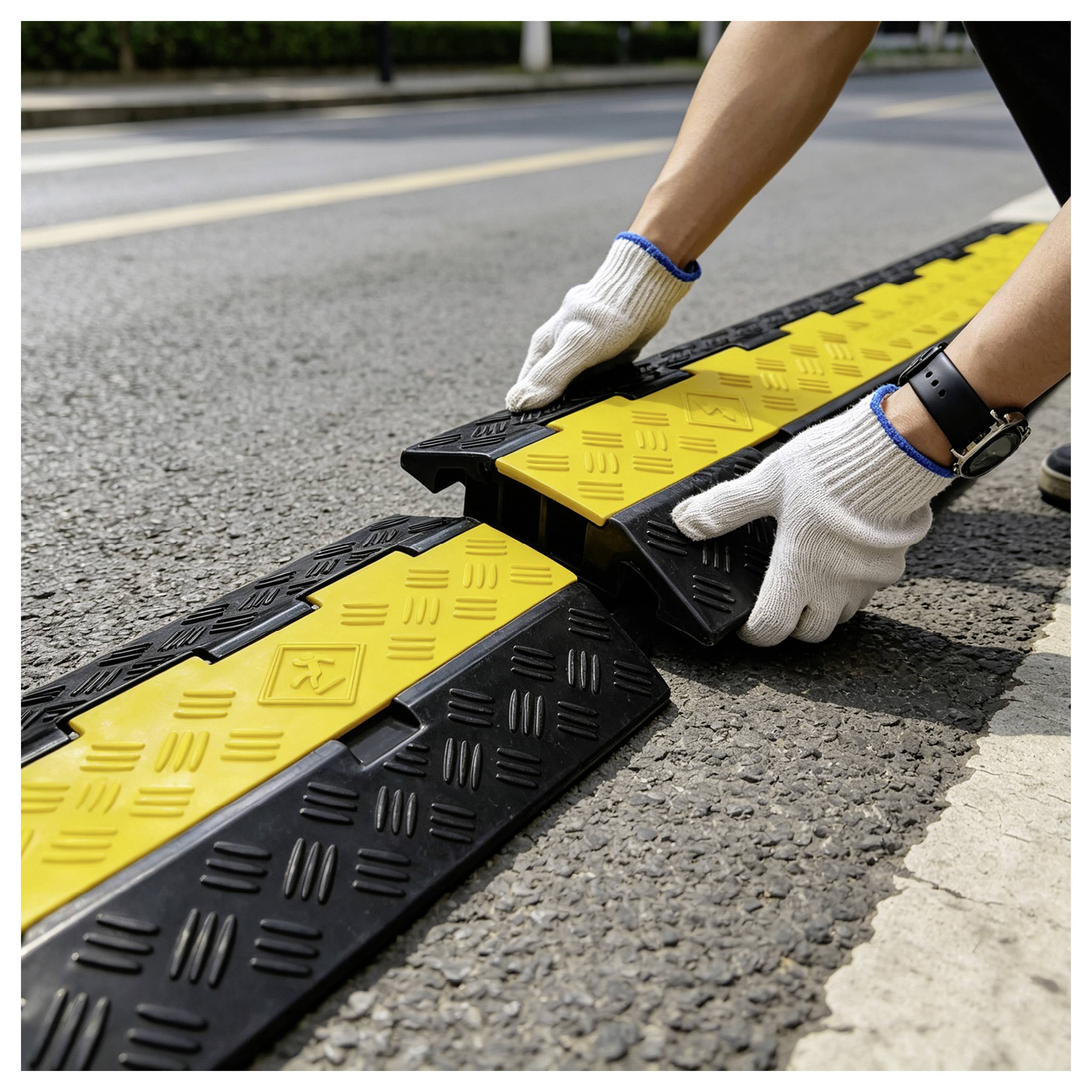 Handschuhe tragend platzieren Hände eine gelb-schwarze tragbare Bodenschwelle auf einer Straße und schaffen damit eine temporäre Verkehrsbarriere.