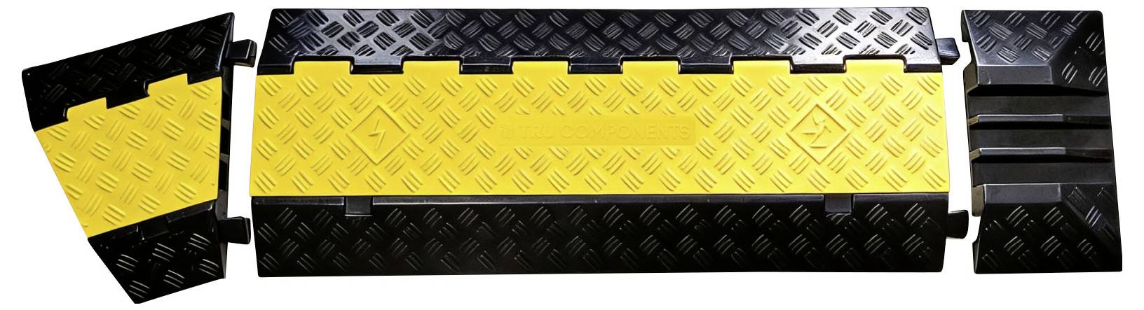 Gelb-schwarze Industriekabelrampe mit modularen Abschnitten und Seitenabschlüssen, verwendet zum Schutz von Kabeln, während Fahrzeuge oder Fußgänger darüber hinwegfahren oder -gehen.