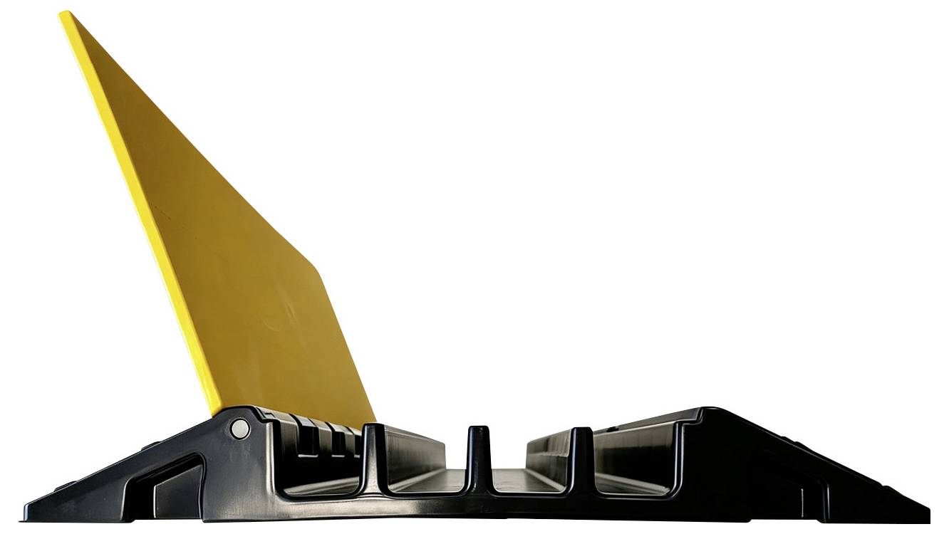Seitenansicht eines schwarzen und goldenen Dachschneefangs mit einem erhabenen gelben, klingenartigen Kamm.