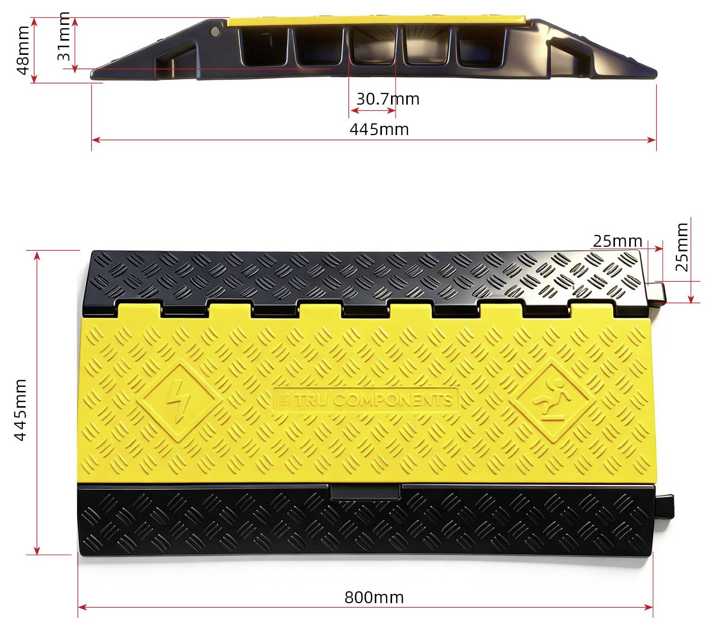 Technische Produktzeichnung einer Kabelrampe/Kabelkanal-Bodenschutz, zeigt Seiten- und Draufsicht mit Abmessungen: 445 mm Länge x 48 mm Höhe und 800 mm Breite x 445 mm Tiefe.
