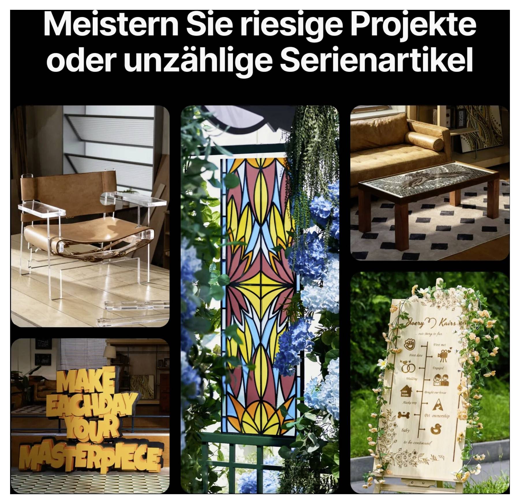 Collage aus anpassbarer Eventdekoration und Beschilderung mit deutscher Überschrift „Meistern Sie riesige Projekte oder unzählige Serienartikel", zeigt Tische, Glasmalerei-Panel und Hochzeitsschild.