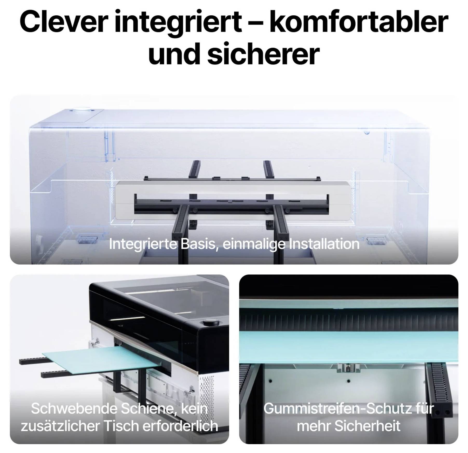 Integrierte Basis, einmalige Installation<br>Schwebende Schiene, kein zusätzlicher Tisch erforderlich<br>Gummistreifenschutz für mehr Sicherheit