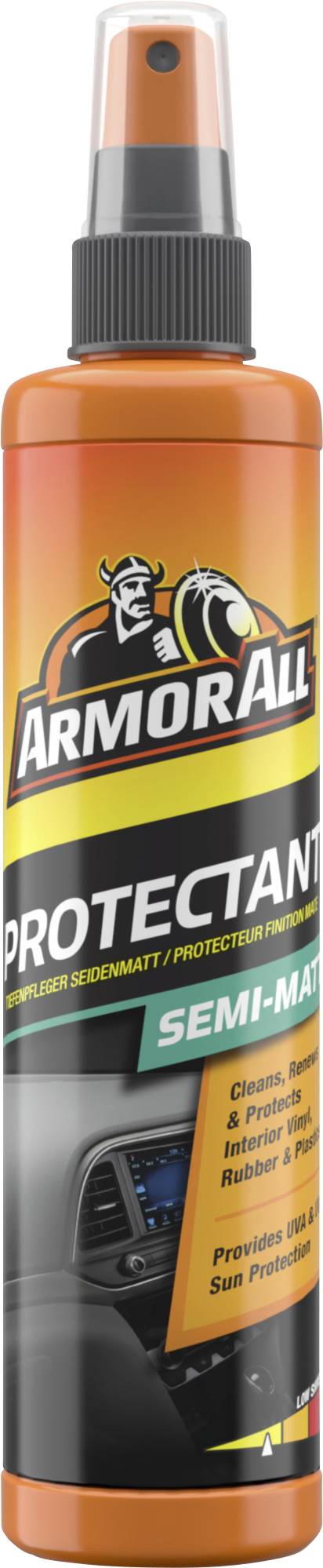 Eine Sprühflasche Armor All Protectant, gekennzeichnet mit „Semi-Matt", zum Reinigen und Schützen von Kunststoff-, Leder- und Gummiflächen.