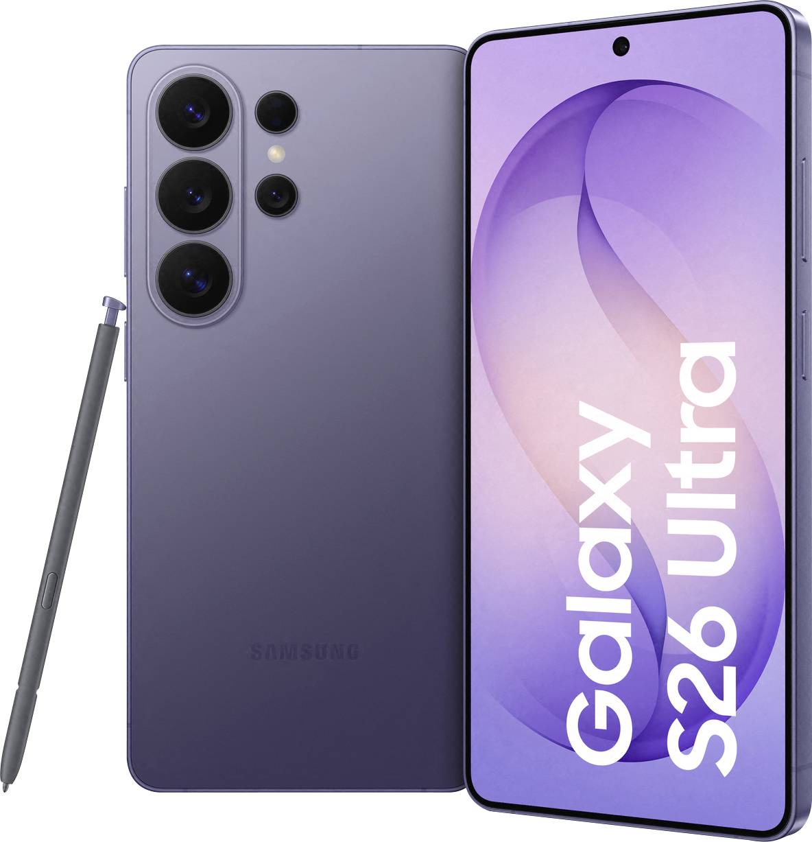 Smartphone "Samsung Galaxy S26 Ultra" in Violett, mit Stift in der Nähe, von vorne und hinten dargestellt, mit mehreren rückwärtigen Kameras.
