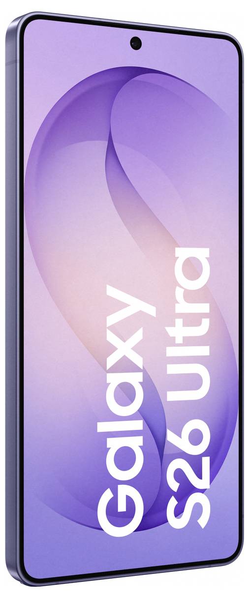 Ein Smartphone mit einem violetten Bildschirm zeigt die Worte „Galaxy S26 Ultra" an. Das Design ist elegant mit einem Kameraloch in der Mitte oben.