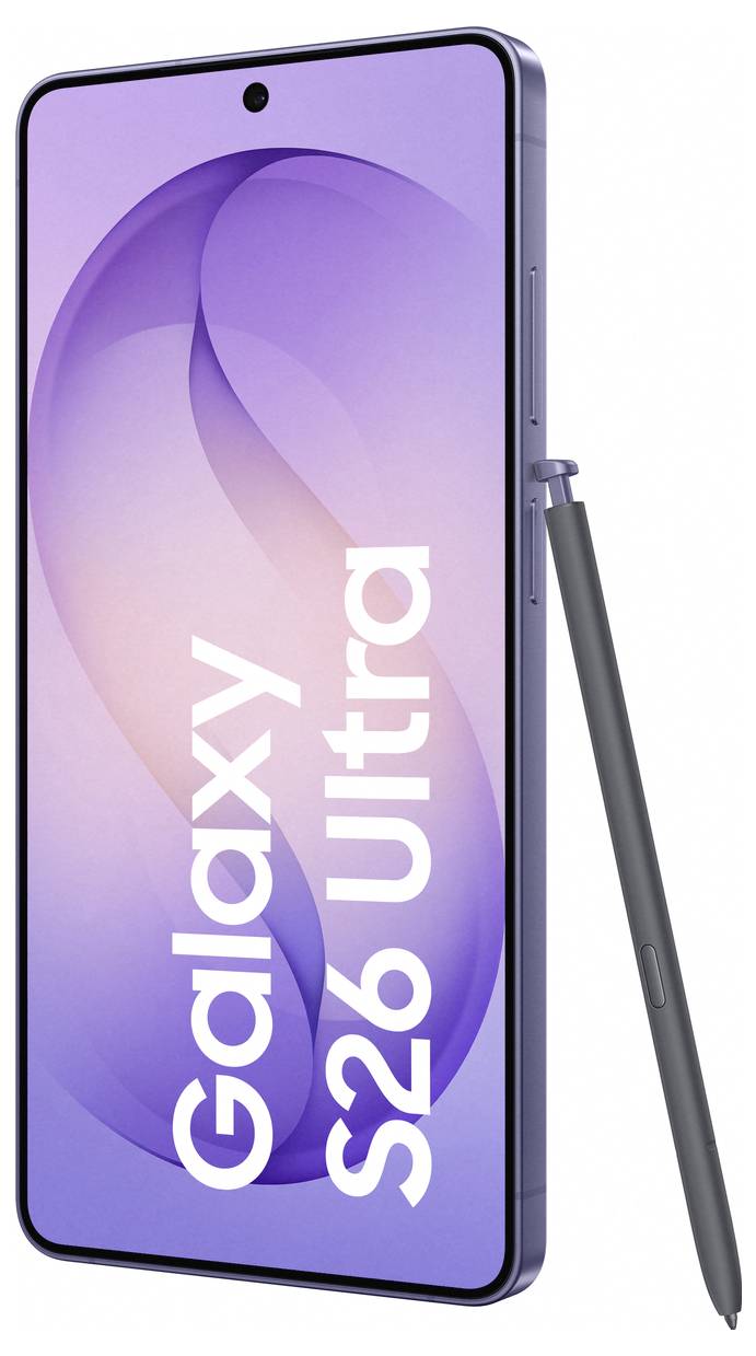 Ein Smartphone mit "Galaxy S26 Ultra" auf dem Bildschirm, mit einem dünnen Rahmendesign und einem Stift, der daneben platziert ist.