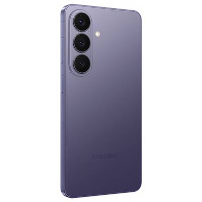 Ein violettes Smartphone mit drei rückwärtigen Kameras in einer vertikalen Anordnung und einem Blitz, das ein schlankes und modernes Design präsentiert.