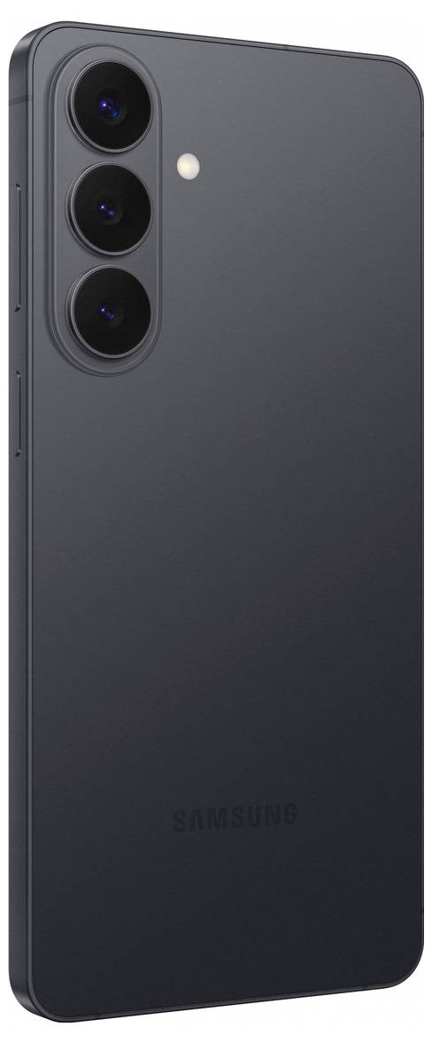 Ein schlankes schwarzes Smartphone mit einer dreifachen Kamerakonfiguration auf der Rückseite, gekennzeichnet mit 'Samsung'.