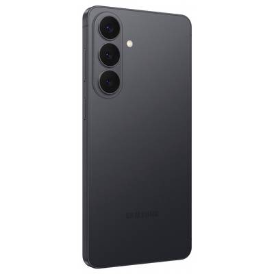 Ein schlankes schwarzes Smartphone mit einer dreifachen Kamerakonfiguration auf der Rückseite, gekennzeichnet mit 'Samsung'.