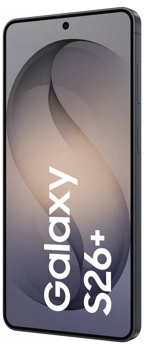 Ein Smartphone mit großem Display, das "Galaxy S26+" auf dem Bildschirm anzeigt, mit elegantem Design mit minimalen Rahmen und einer einzelnen vorderen Kamera.