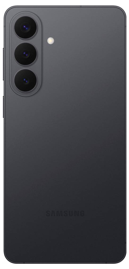 Ein schwarzes Smartphone mit drei rückseitigen Kameras und einem Blitzlicht in der oberen linken Ecke. Die Rückseite trägt den Markennamen in dunklen Buchstaben am unteren Ende.