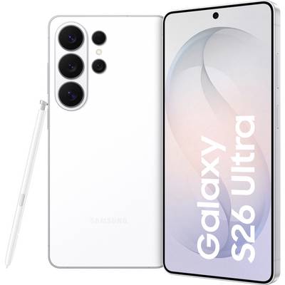 Ein Samsung Galaxy S26 Ultra Smartphone in Weiß mit drei Rückkameras und einem S Pen, das seinen Namen auf dem Bildschirm anzeigt.