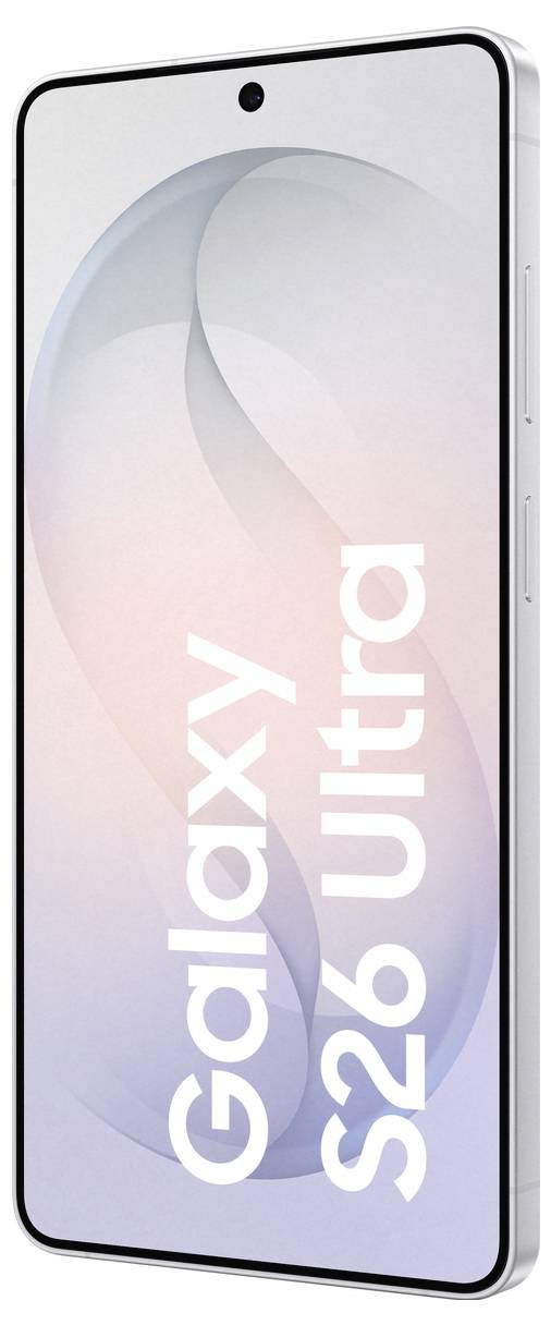 Smartphone mit elegantem Design, das ein Display mit minimalem Rahmen aufweist. Der Text auf dem Bildschirm lautet „Galaxy S26 Ultra".