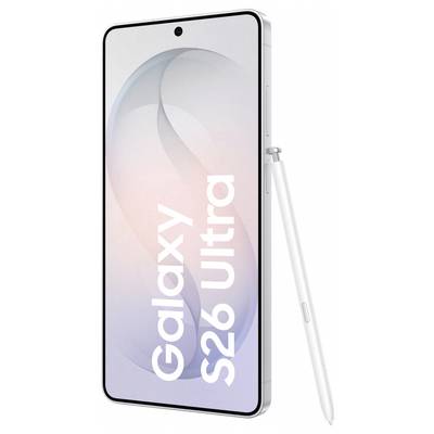 Samsung Galaxy S26 Ultra in Weiß, mit einem Stift daneben. Das Display zeigt Branding-Text. Weist ein modernes, schlankes Design auf.