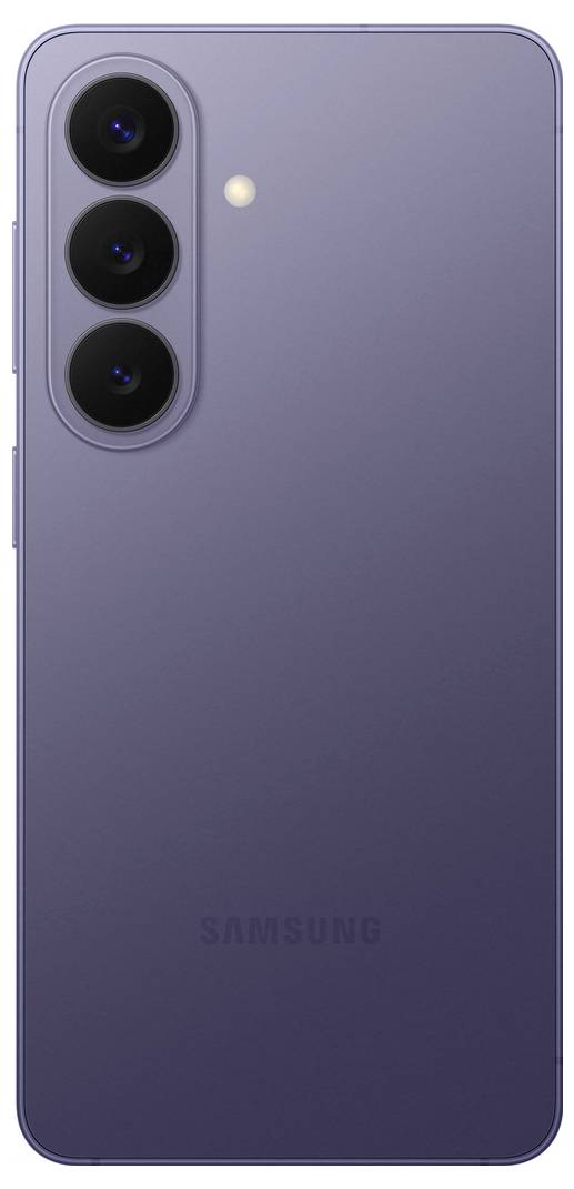 Ein Smartphone mit schlankem Design in einer matter Lavendelfarbe wird von der Rückseite gezeigt und verfügt über drei rückseitige Kameras und einen Blitz.