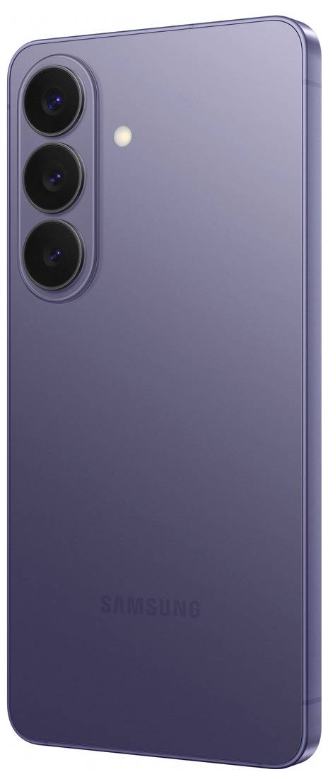 Ein lila Smartphone mit dreifacher Kameraeinrichtung und einem Blitz auf der Rückseite. Das Design ist elegant und der Markenname "Samsung" ist sichtbar.