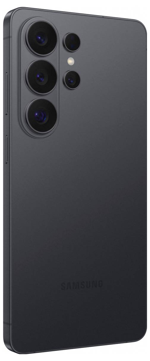 Ein schwarzes Smartphone mit vier rückwärtigen Kameras und einem schlanken Design zeigt den Markennamen "Samsung" am unteren Ende an.