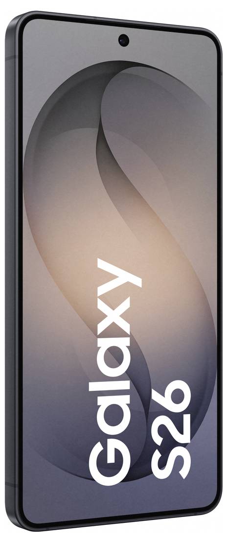 Ein Smartphone mit schwarzem Rahmen und einem Bildschirm, auf dem groß "Galaxy S26" angezeigt wird. Der Hintergrund ist ein Farbverlauf von dunklen zu hellen Tönen.