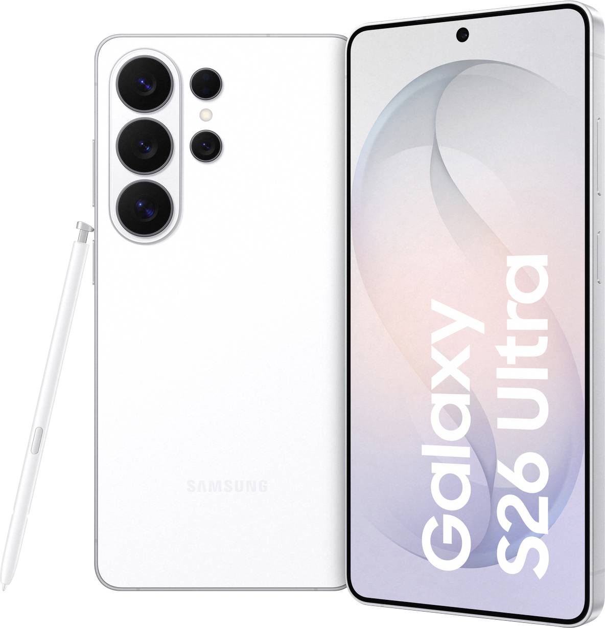 „Galaxy S26 Ultra"-Telefon in Weiß gezeigt, mit einem Stift und vier rückwärtigen Kameras. Der Bildschirm zeigt den Produktnamen an.