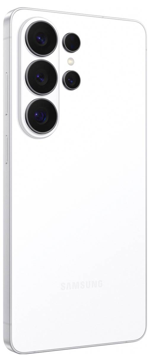 Ein weißes Smartphone mit vier rückwärtigen Kameras und zwei Blitzeinheiten. Die Rückseite hat eine matte Oberfläche und die Marke "SAMSUNG" ist am unteren Ende eingeprägt.