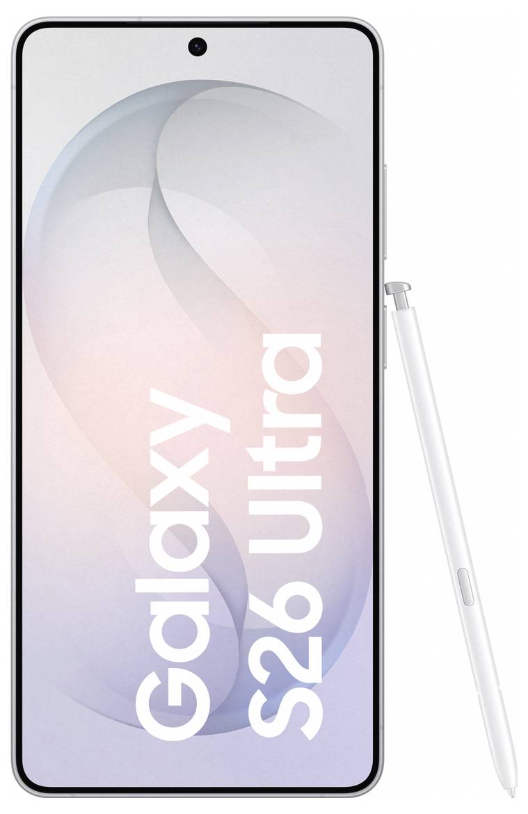 Ein Smartphone mit „Galaxy S26 Ultra" auf dem Bildschirm, mit einem Pastellfarbverlauf im Hintergrund und einem weißen Stift auf der Seite.