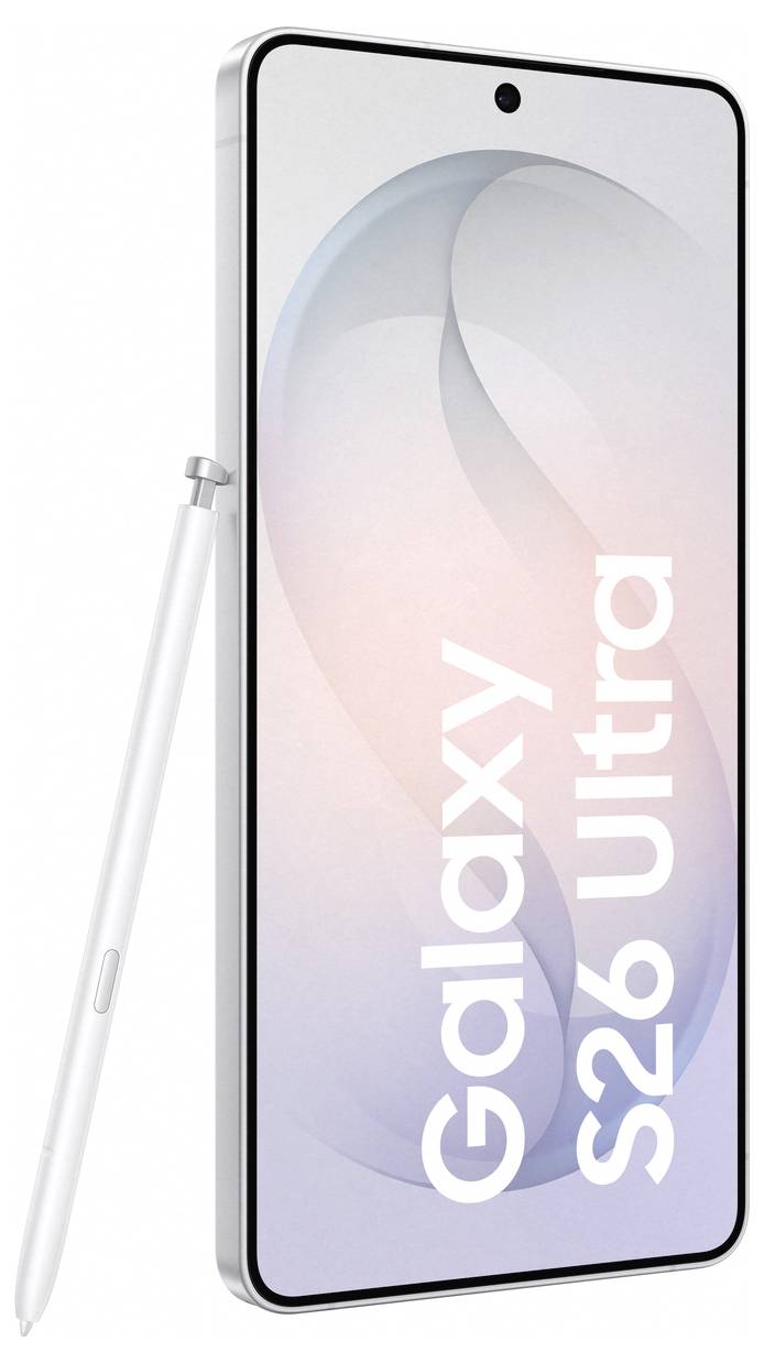 Ein elegantes Smartphone mit der Bezeichnung „Galaxy S26 Ultra" mit gekrümmtem Bildschirm und einem S Pen daneben. Der Bildschirm zeigt ein Gradientendesign.