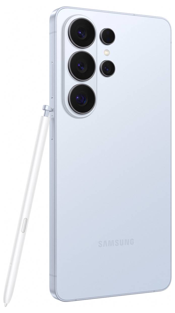 Ein blaues Smartphone mit vier rückwärtigen Kameras und einem Stift, auf der Rückseite mit "Samsung" gekennzeichnet.