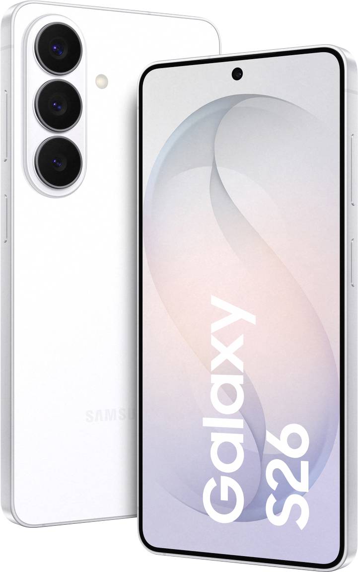 Ein weißes Galaxy S26 Smartphone mit drei rückwärtigen Kameras, dargestellt mit seinem Bildschirm, auf dem der Text „Galaxy S26" und ein pastellfarbenes Wirbelmuster angezeigt werden.